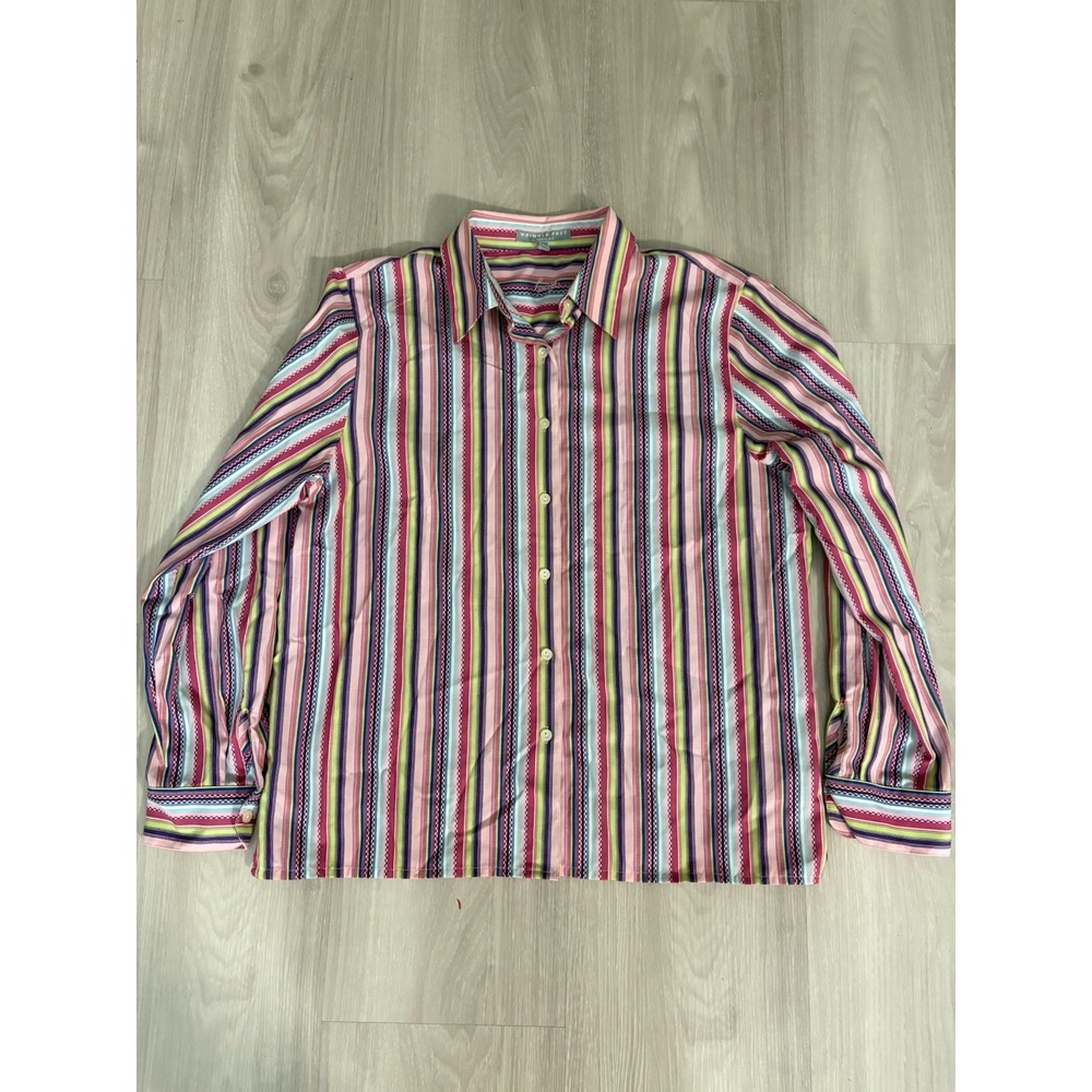 Foxcroft Women Shirt Wrinkle Fre Striped Button Up Shaped Fit Pink Size 14